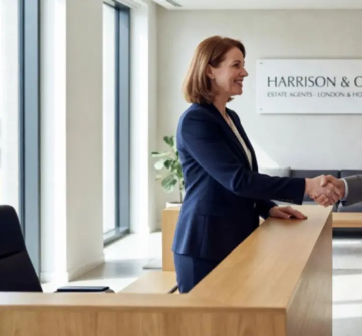 Client shaking hands with an estate agent in a modern office lobby